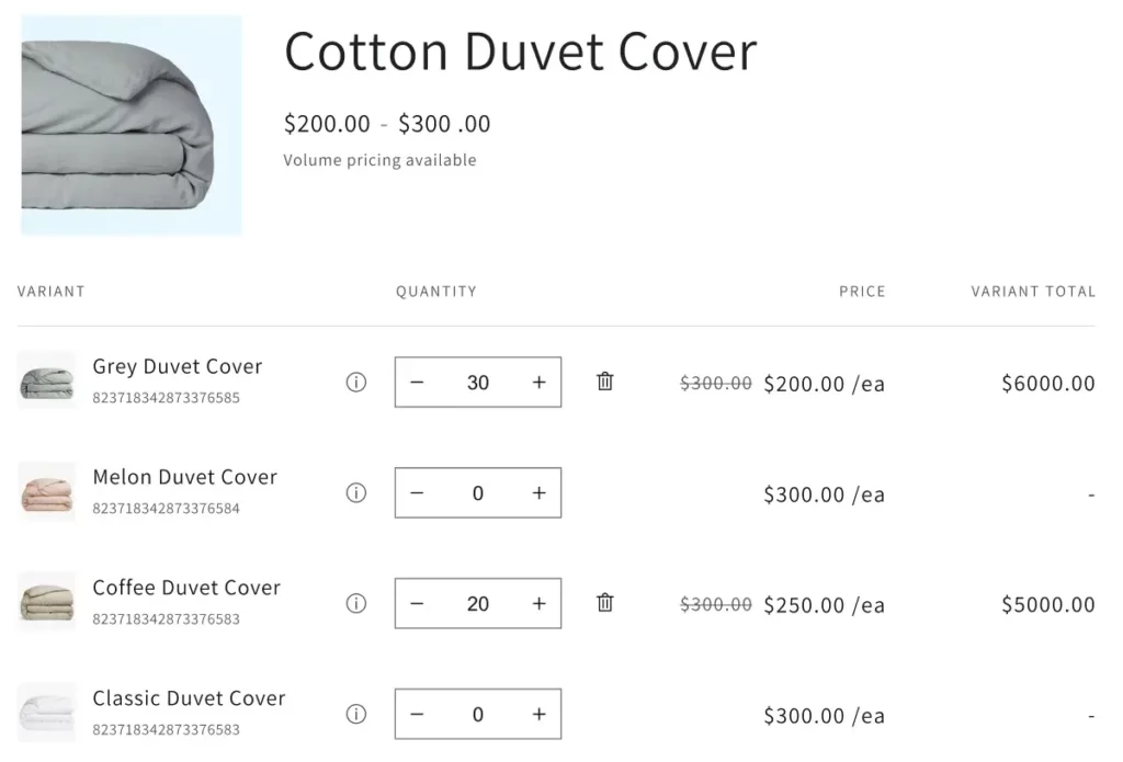 Example of B2B Product page with possibility to add to cart multiple variations at a time. Including different price for volume purchase. Image from Shopify B2B Platfrom